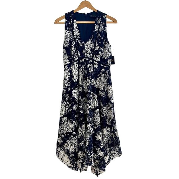 NWT Just Taylor Blue and White Handkerchief Dress Lace V-Neck Sleeveless Size 4 - Picture 1 of 8